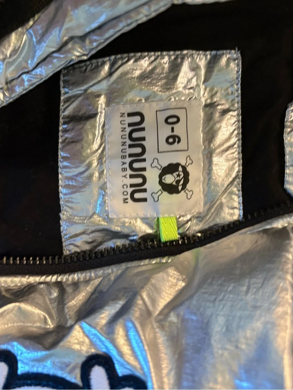 nununu Metallic Silver Puffer Jacket with Neon Accent